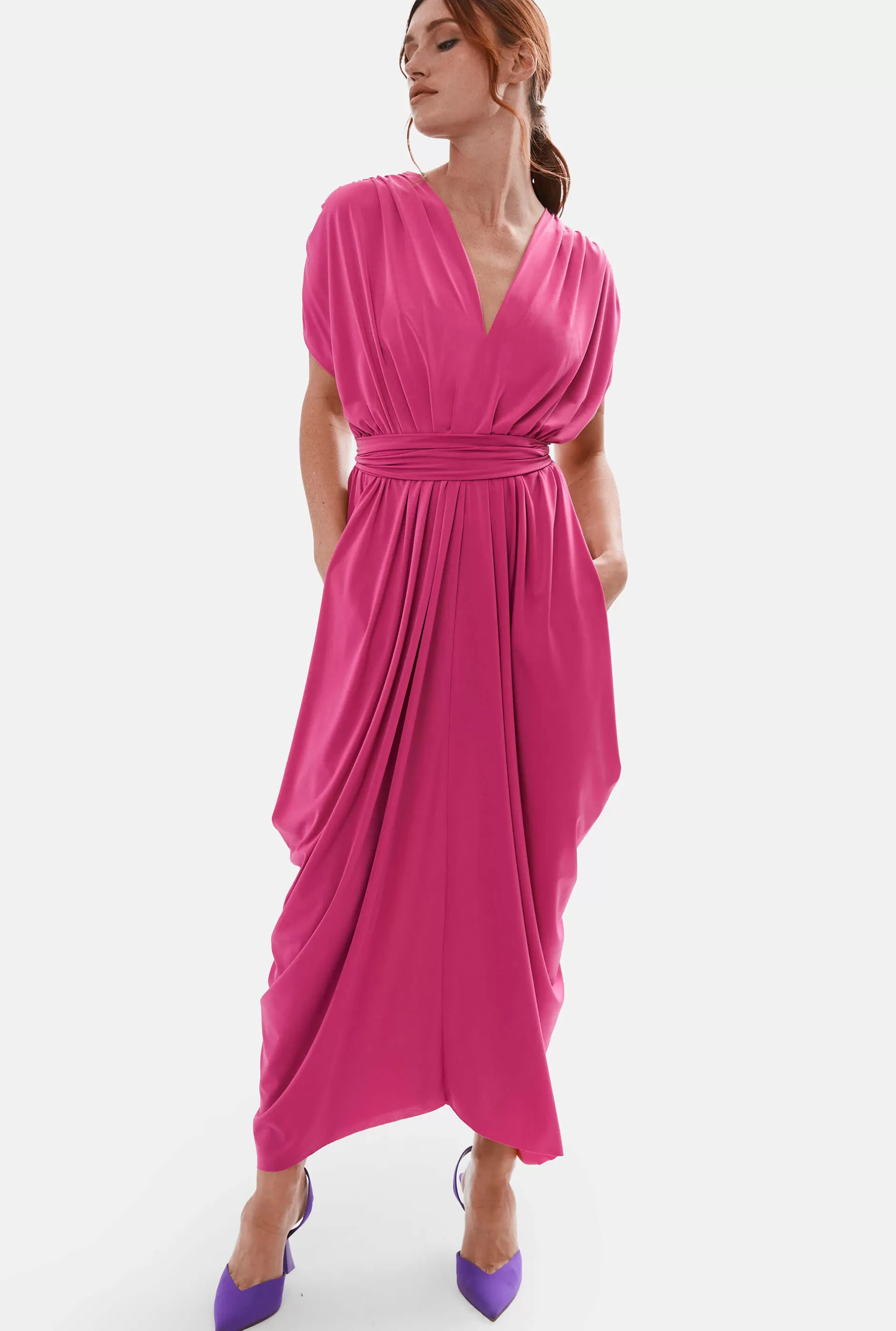Batwing Pleated Maxi Dress Fuchsia^James Lakeland Store