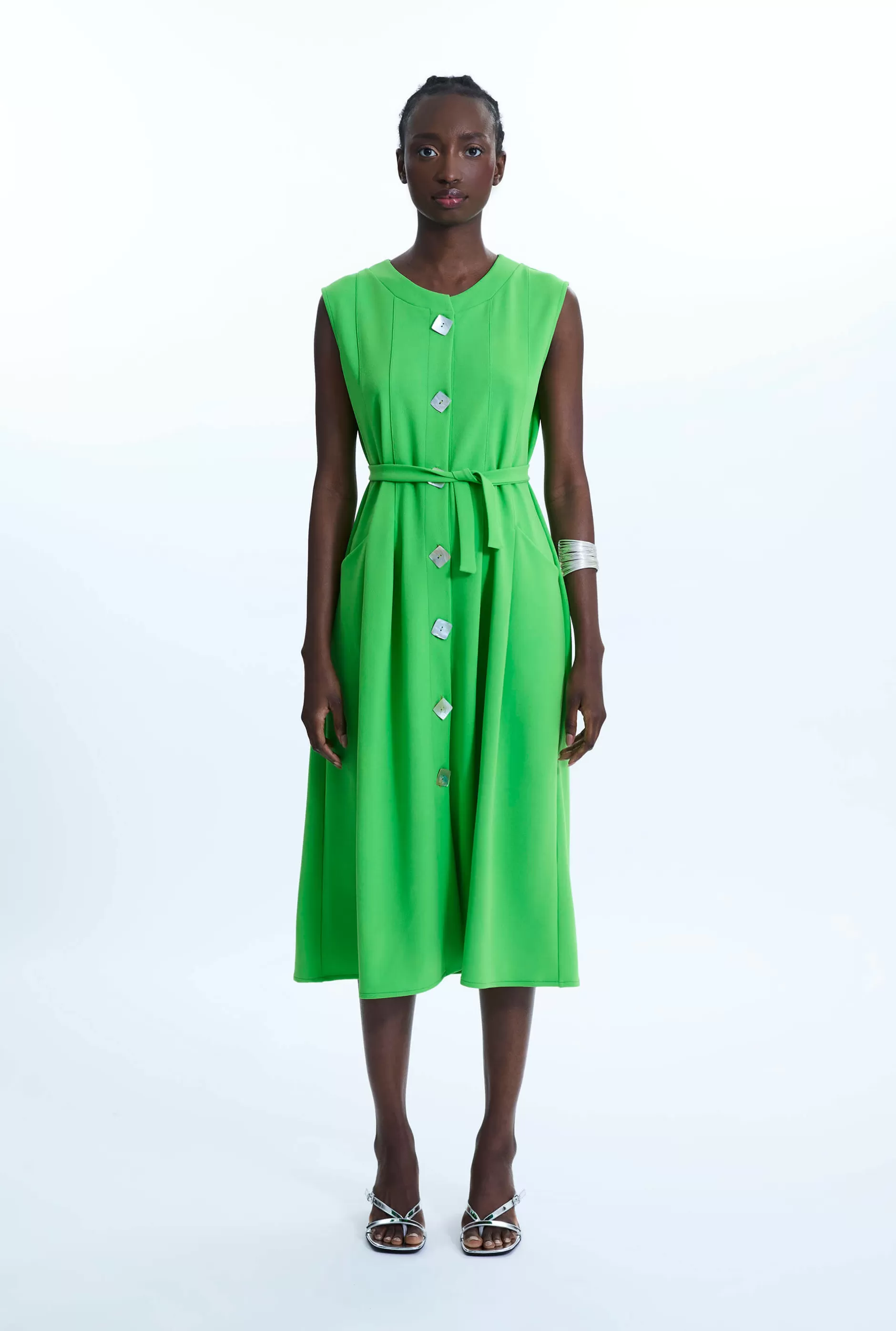 Buttoned Pocket Sleeveless Midi Dress Green^James Lakeland Clearance