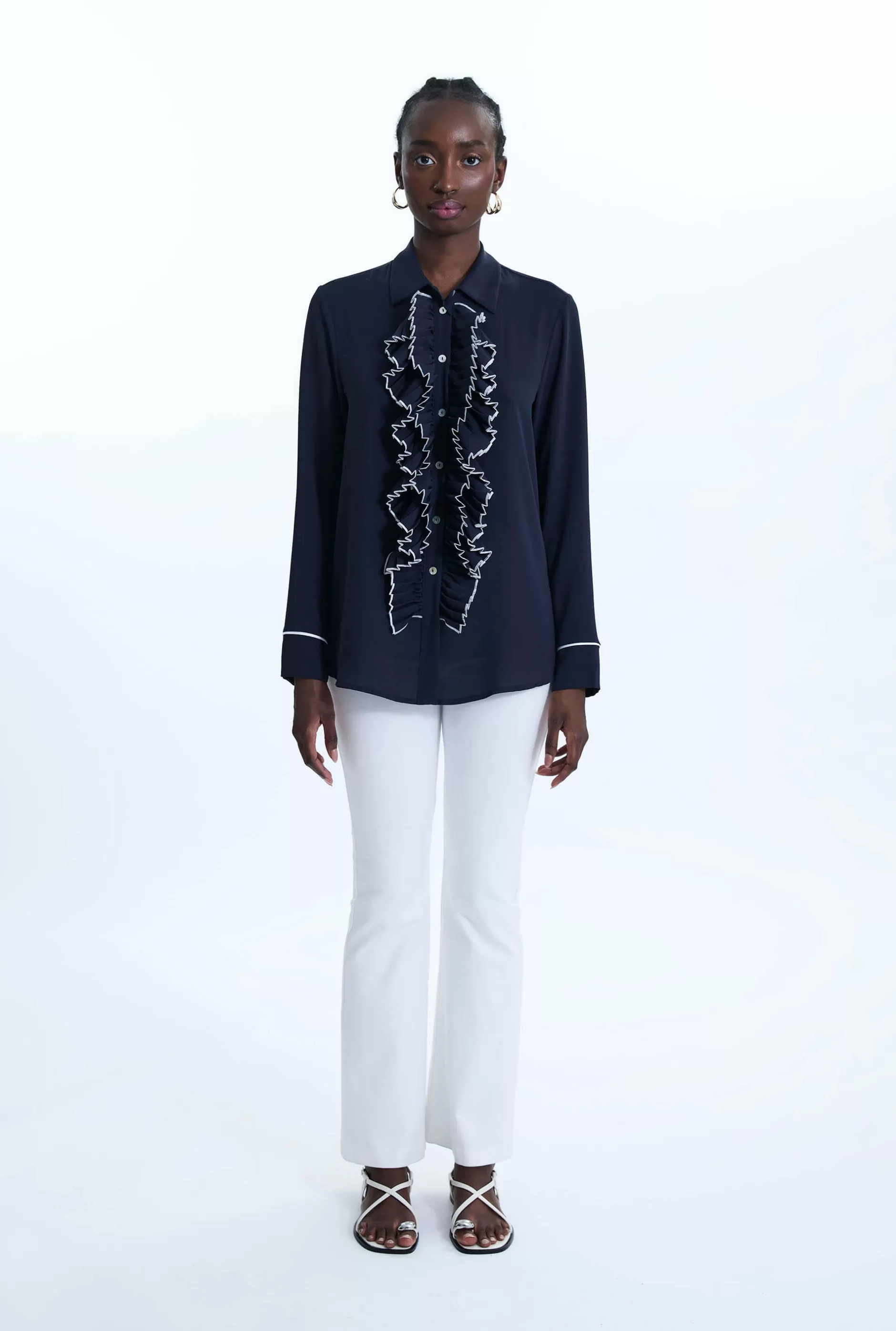 Front Ruffle Button Up Shirt Navy^James Lakeland Store