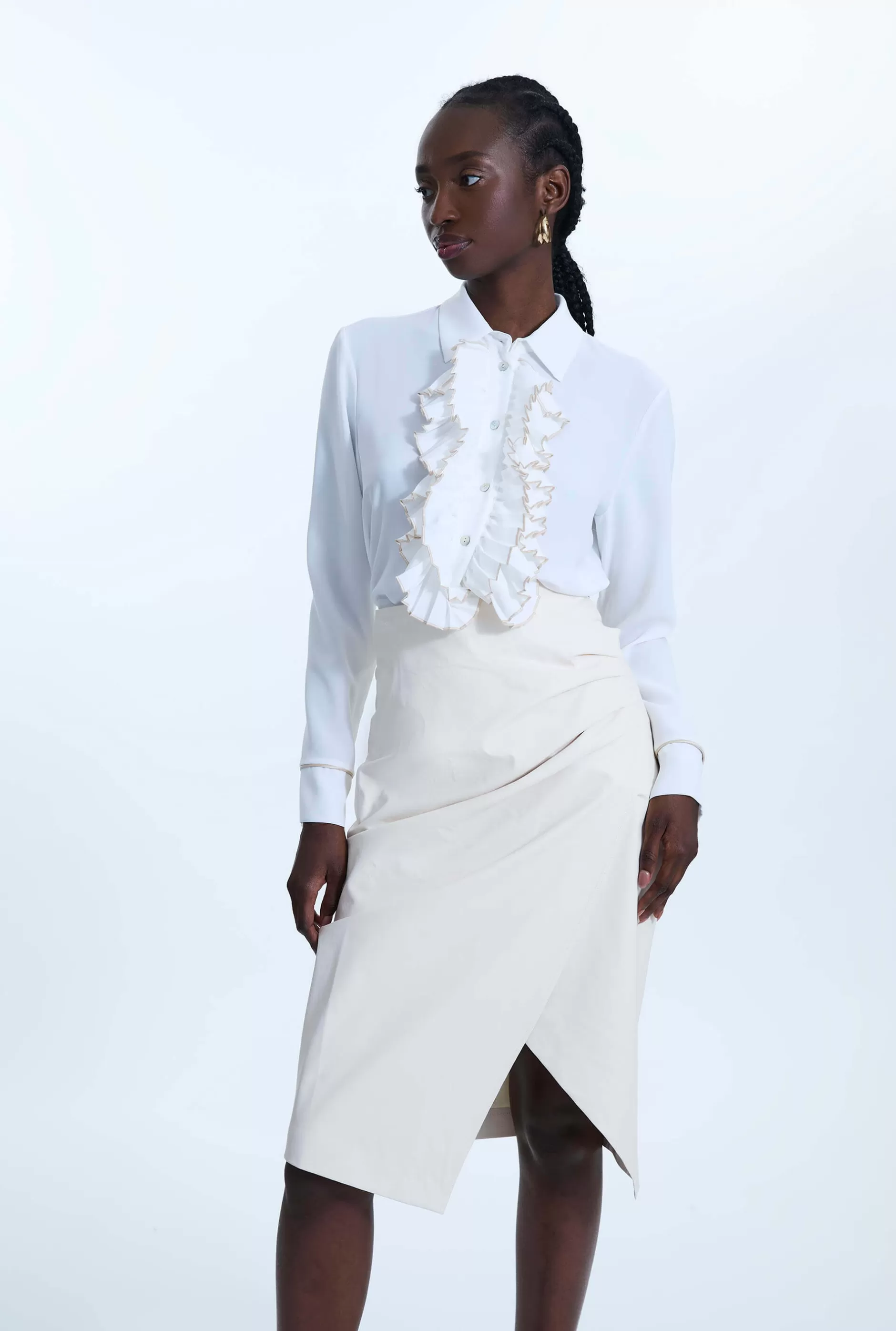 Front Ruffle Button Up Shirt White^James Lakeland Clearance