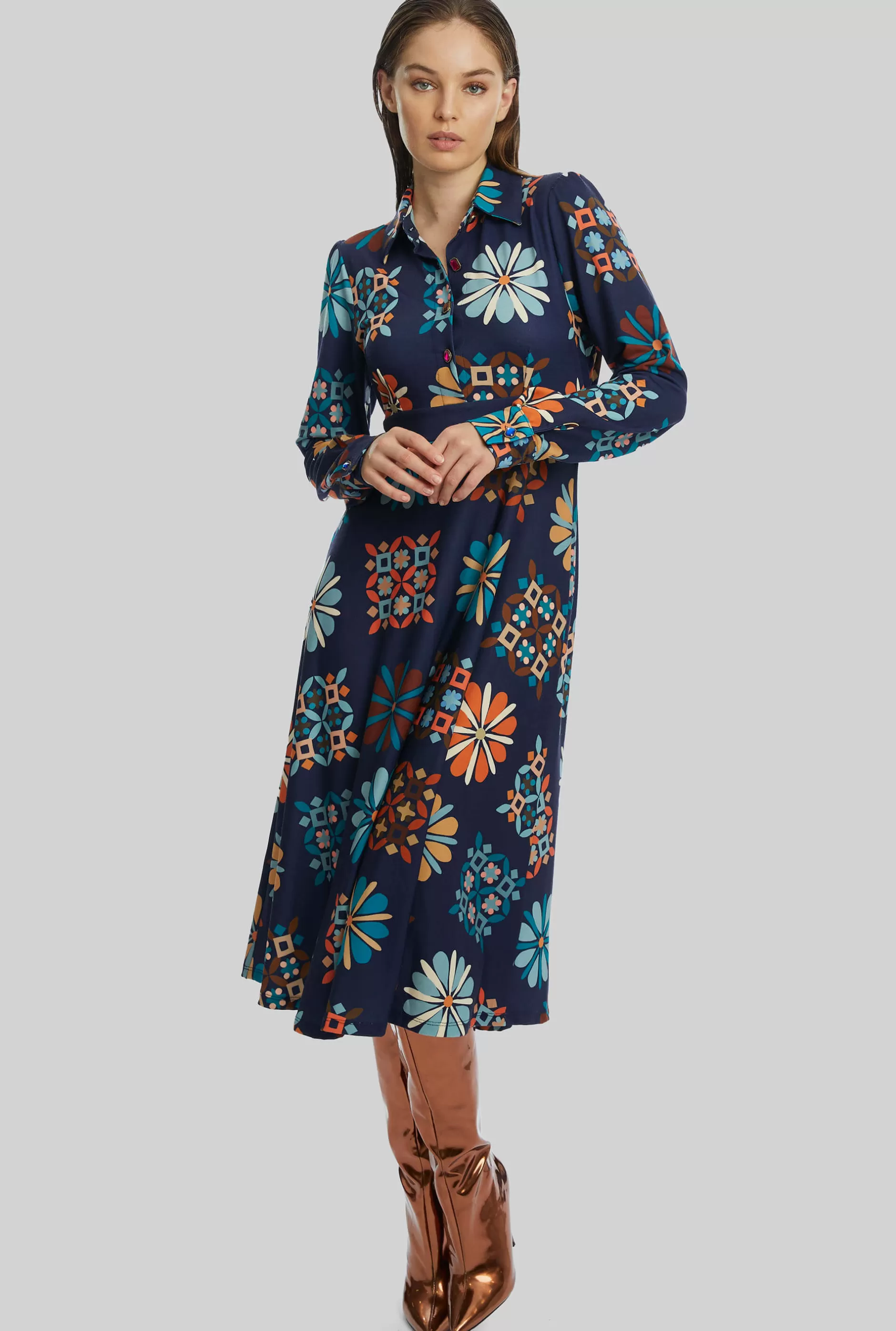 Jewelled Button Print Midi Dress Navy^James Lakeland Shop