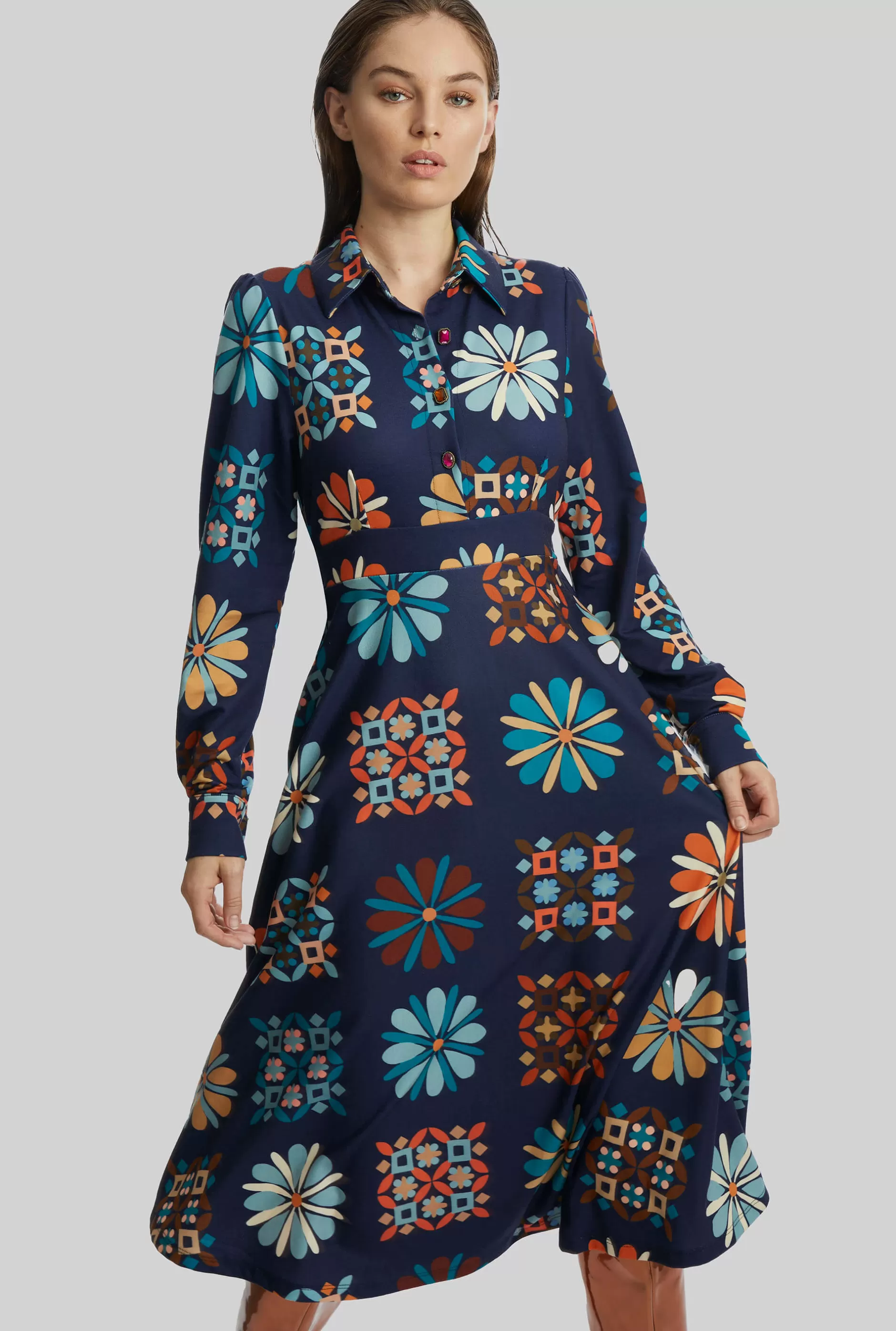 Jewelled Button Print Midi Dress Navy^James Lakeland Shop