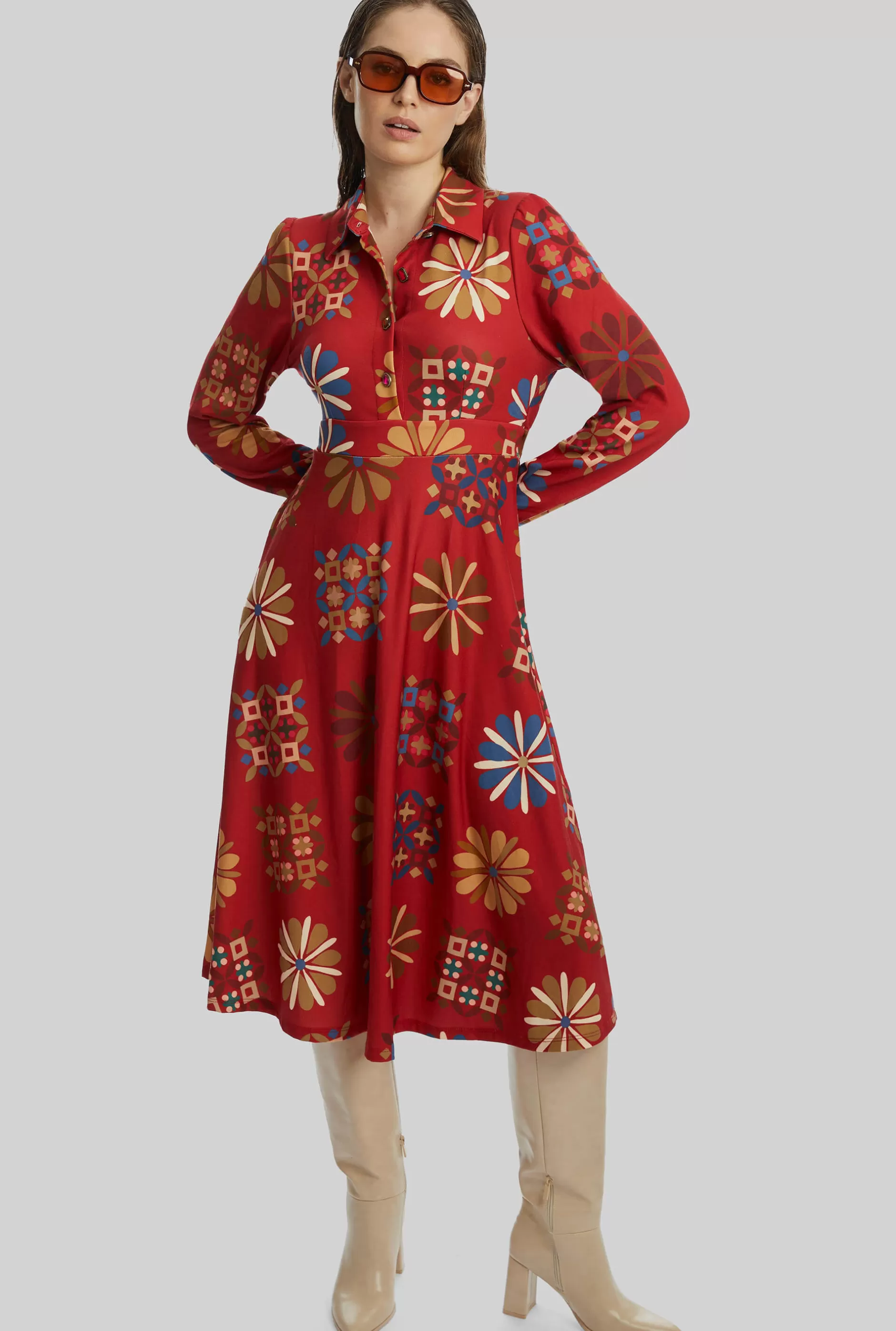 Jewelled Button Print Midi Dress Red^James Lakeland Cheap