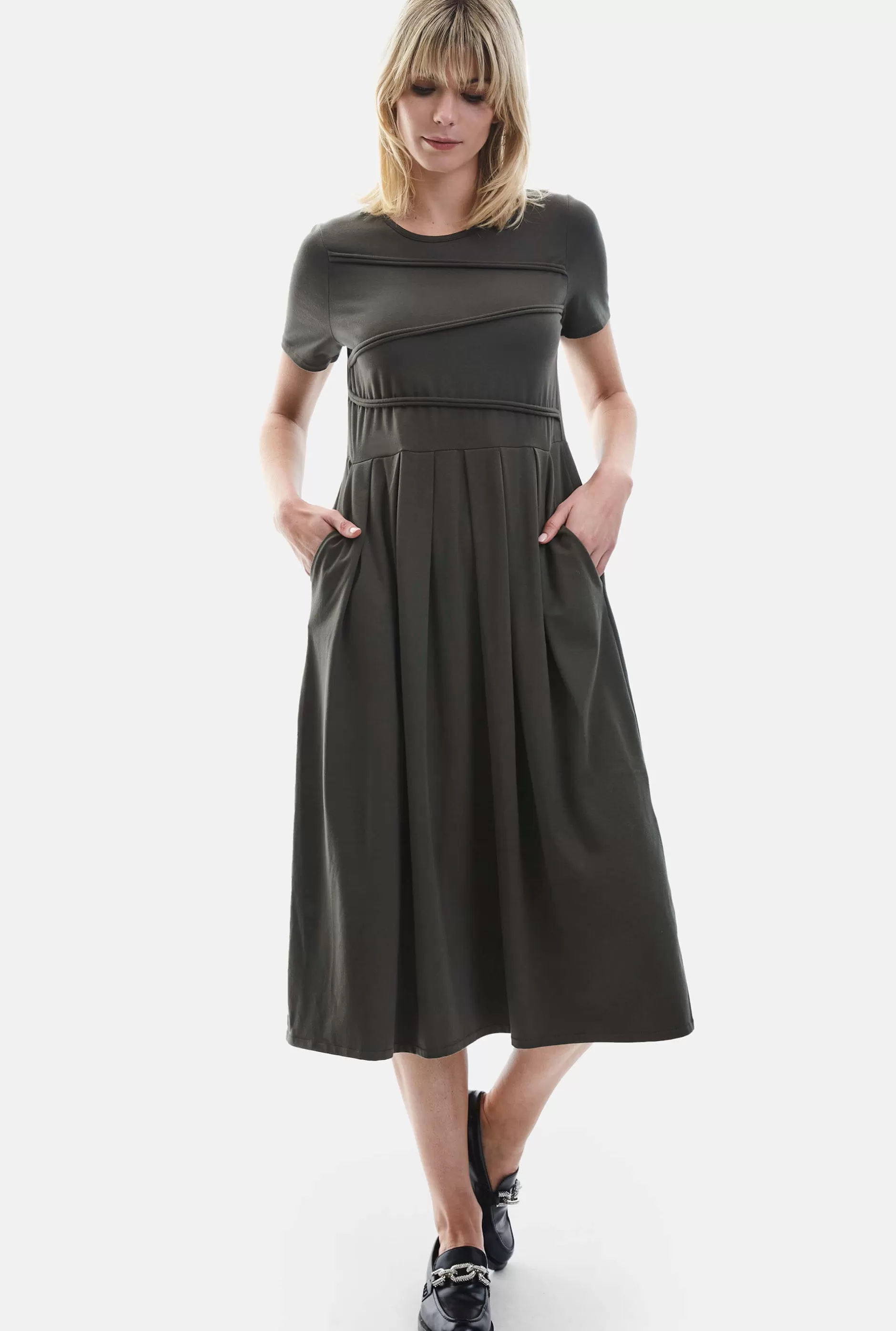 Pin Tuck Pocket Midi Dress Military Green^James Lakeland Flash Sale