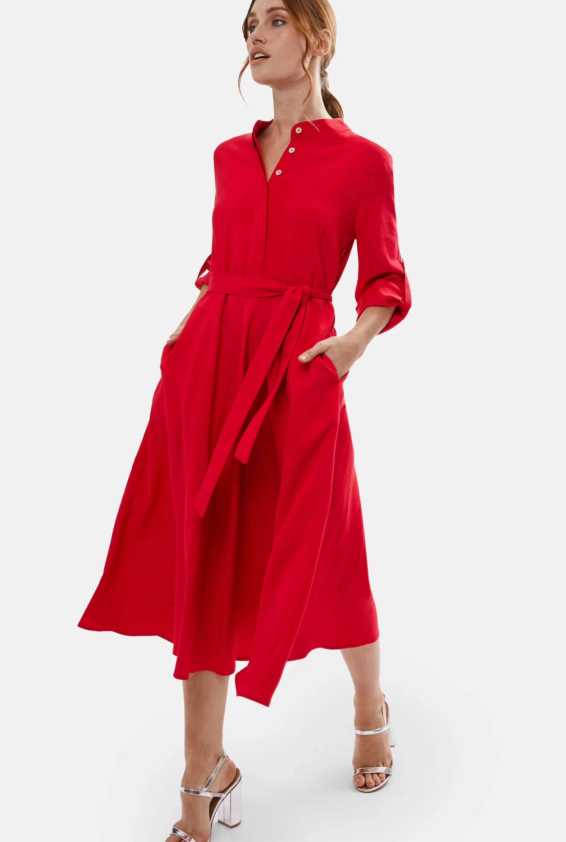 Roll Sleeve Midi Dress Red^James Lakeland Outlet