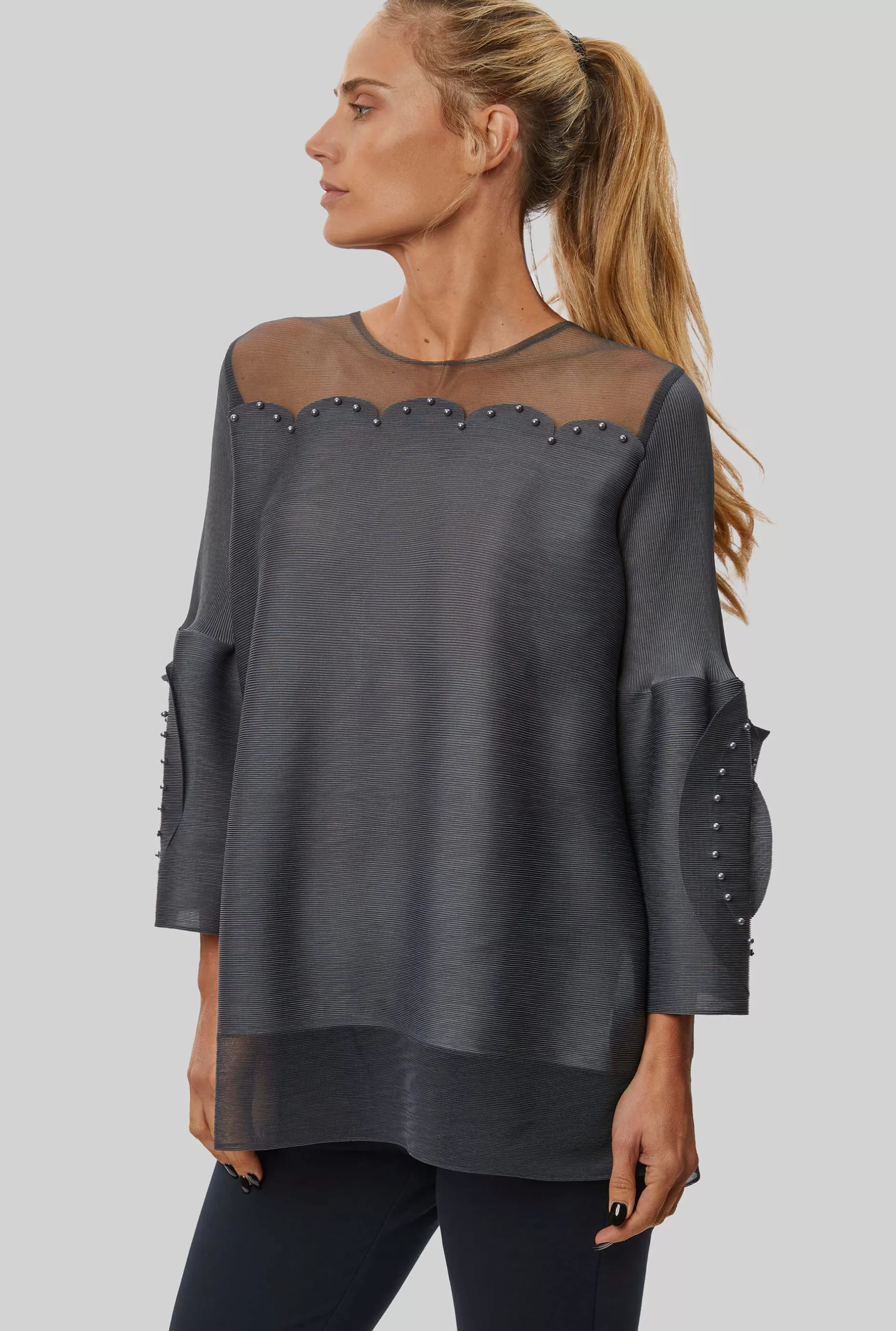 Rose Detail Sleeves Pleated Top In Charcoal^James Lakeland Clearance