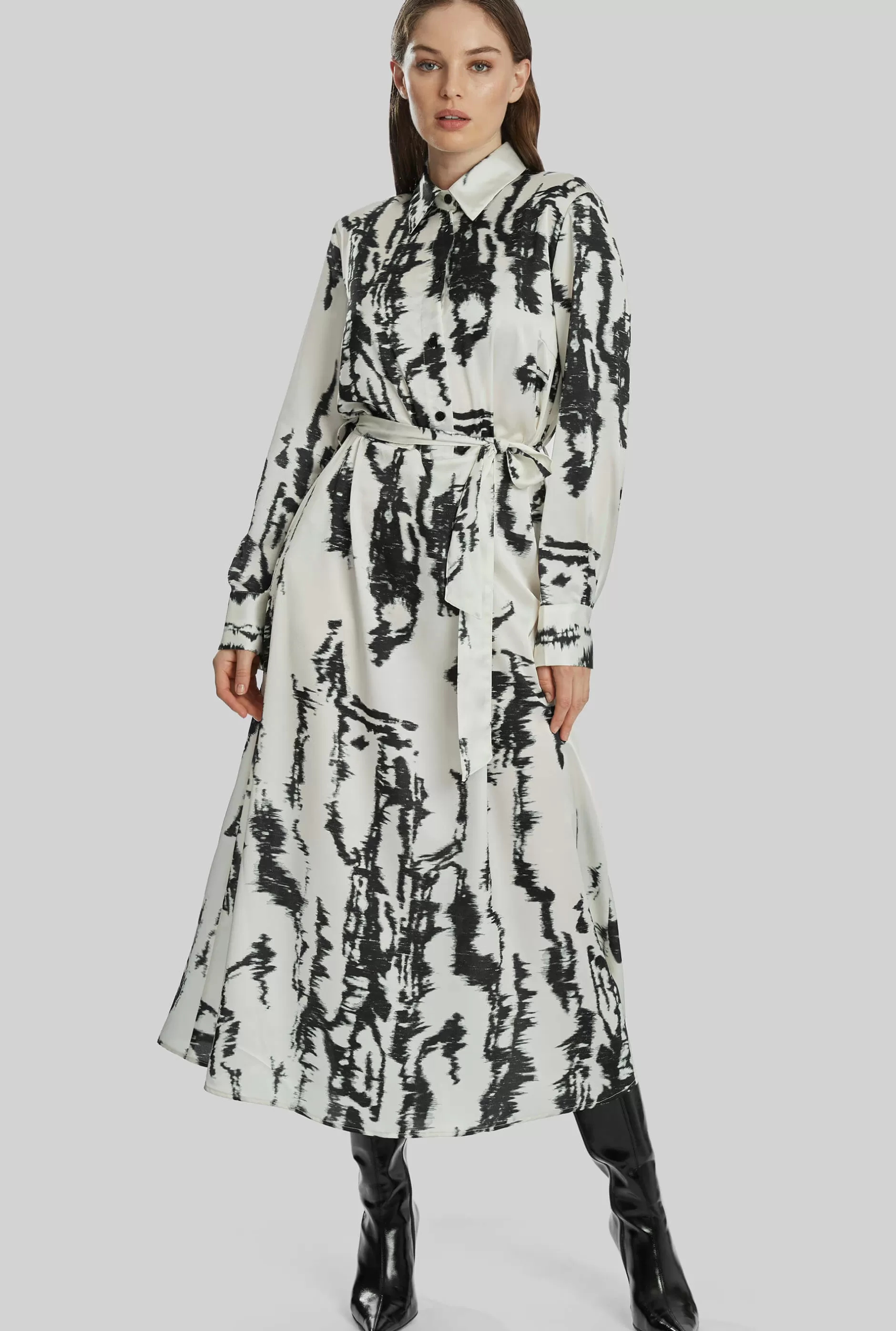 Tie Dye Satin Belted Midi Dress In Black-White^James Lakeland Sale