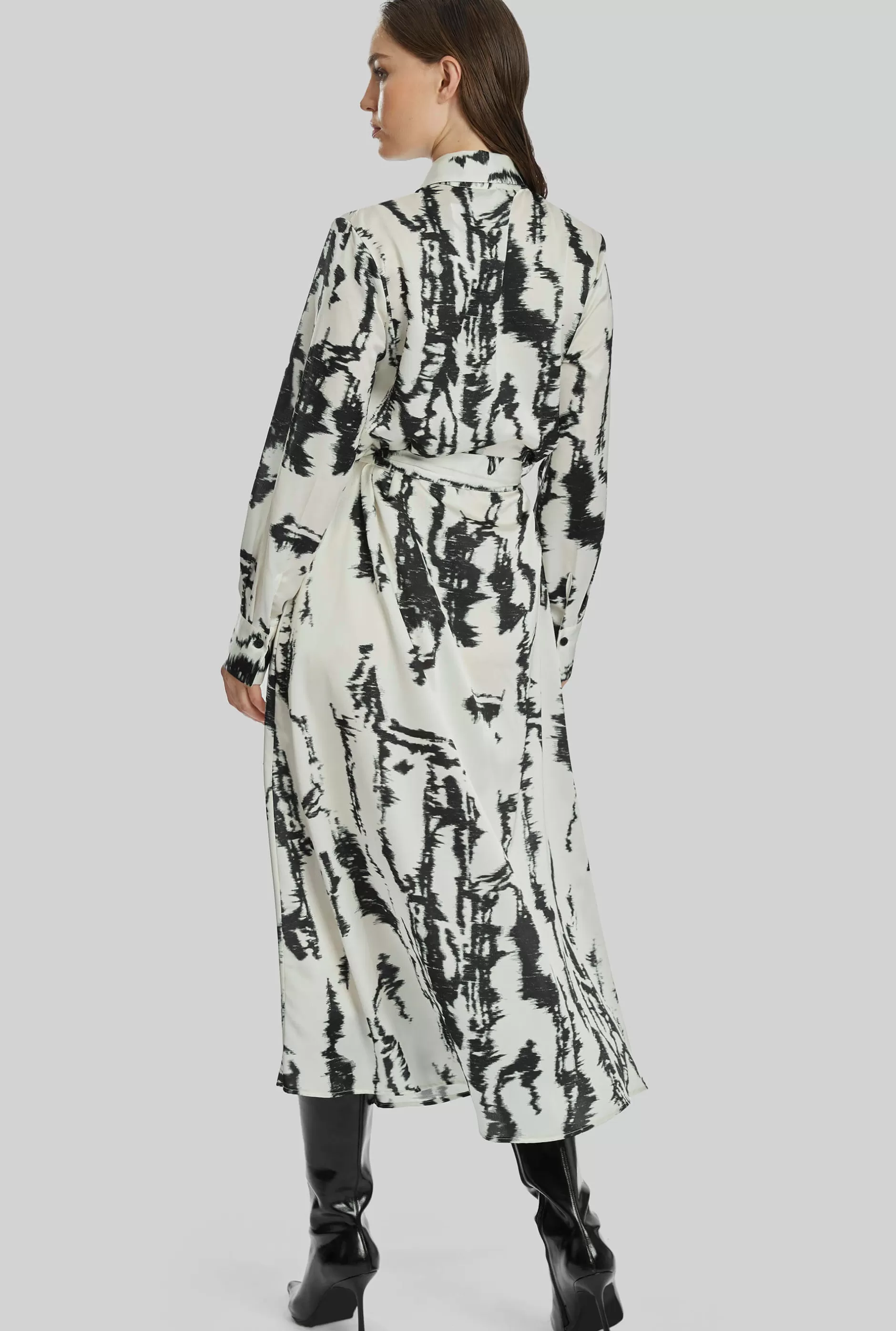 Tie Dye Satin Belted Midi Dress In Black-White^James Lakeland Sale