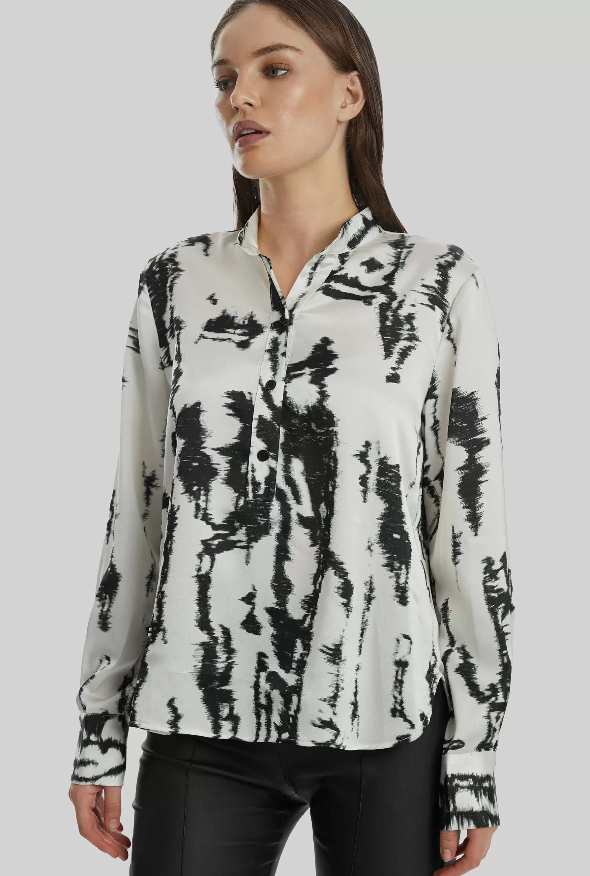 Tie Dye Satin Mandarin Collar Blouse In Black-White^James Lakeland Hot