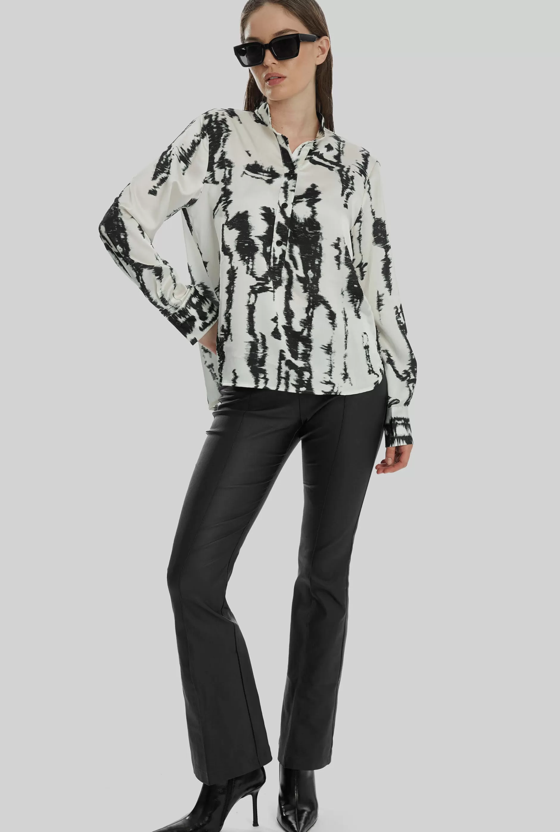 Tie Dye Satin Mandarin Collar Blouse In Black-White^James Lakeland Hot