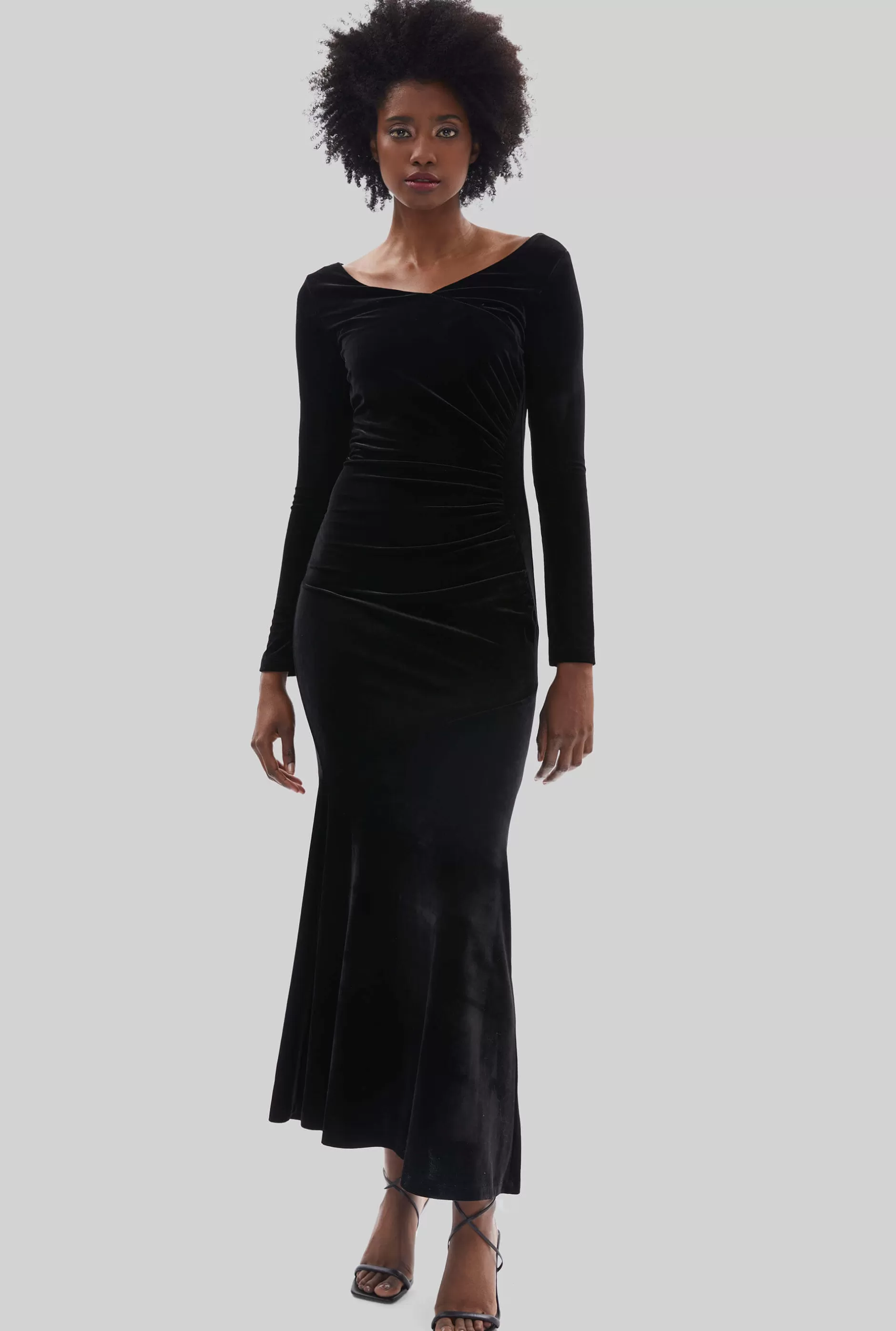 Velvet Side Ruched Midi Dress Black^James Lakeland Fashion