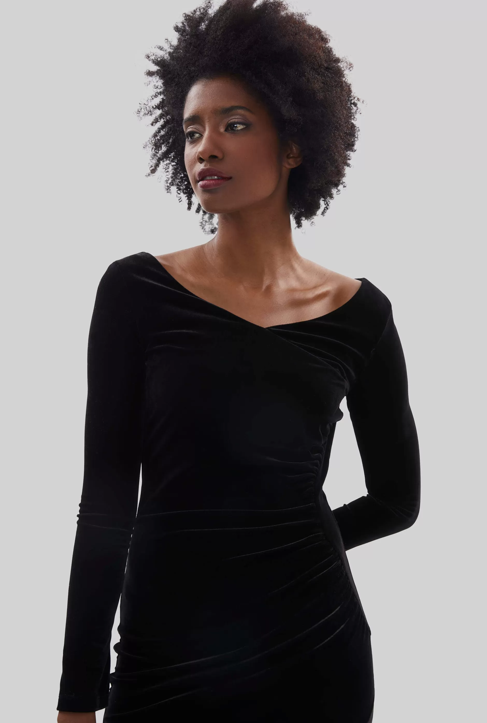 Velvet Side Ruched Midi Dress Black^James Lakeland Fashion