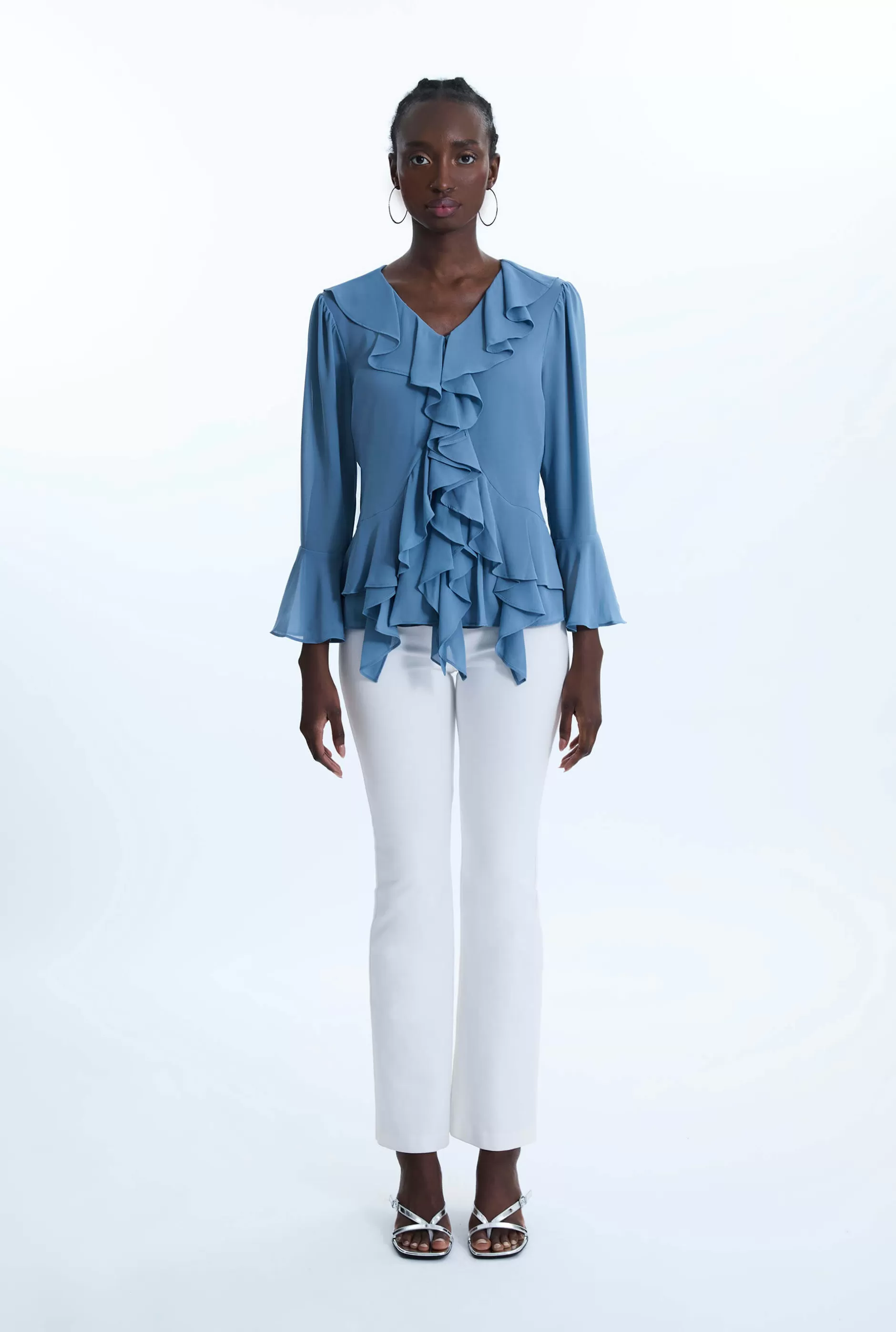V-neck Chiffon Ruffle Blouse Denim^James Lakeland New