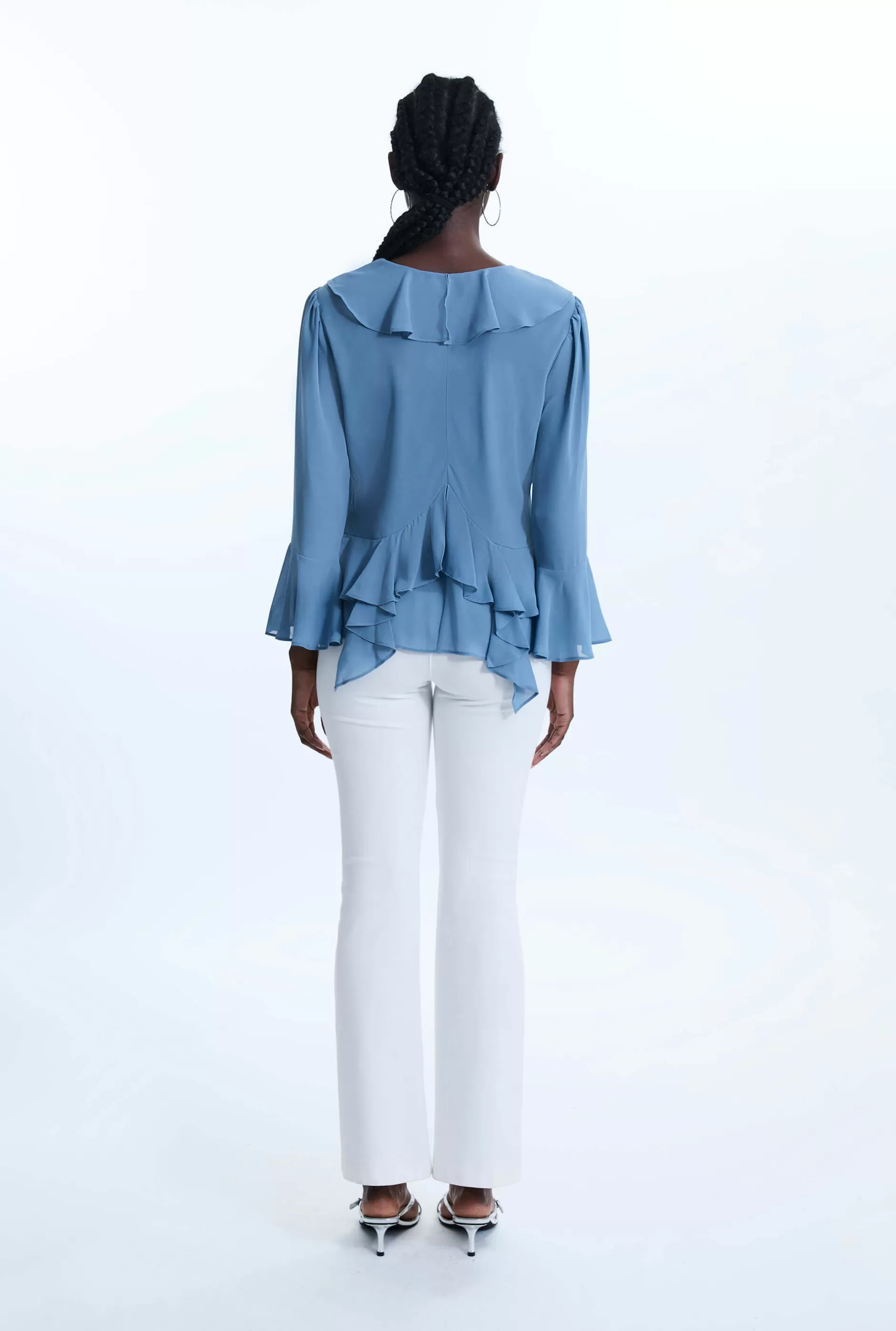 V-neck Chiffon Ruffle Blouse Denim^James Lakeland New