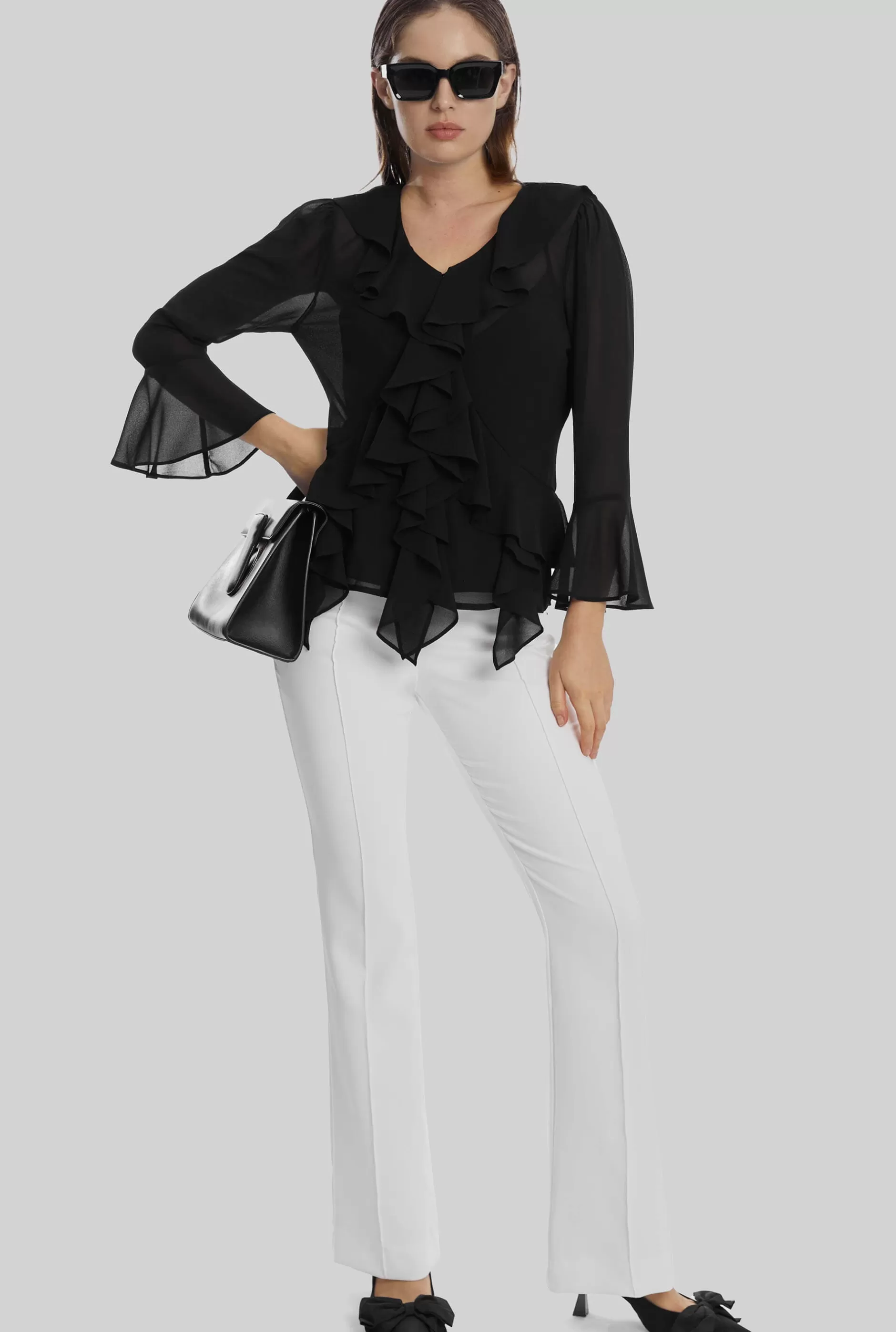V-neck Chiffon Ruffle Blouse In Black^James Lakeland Outlet