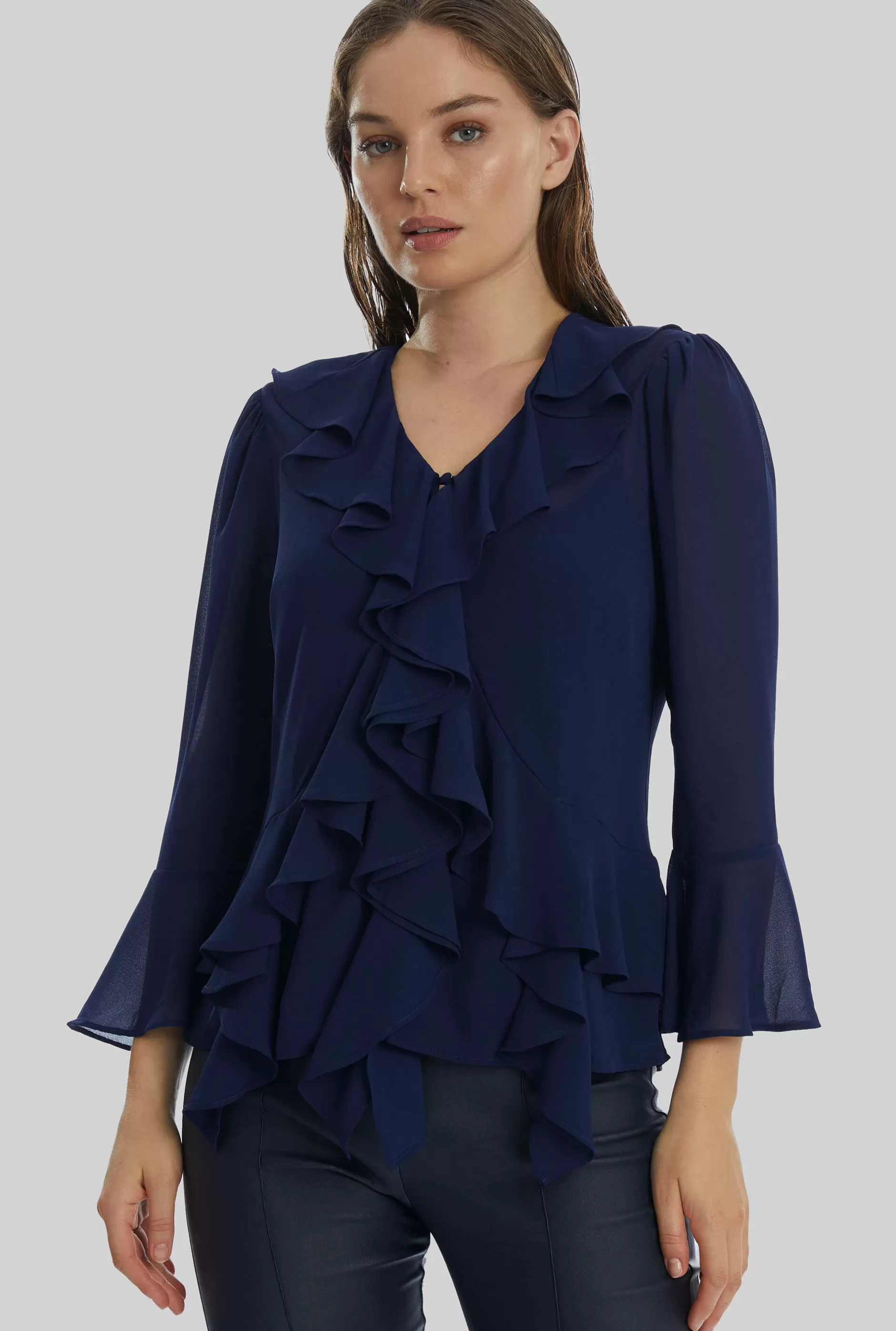 V-neck Chiffon Ruffle Blouse In Navy^James Lakeland Sale