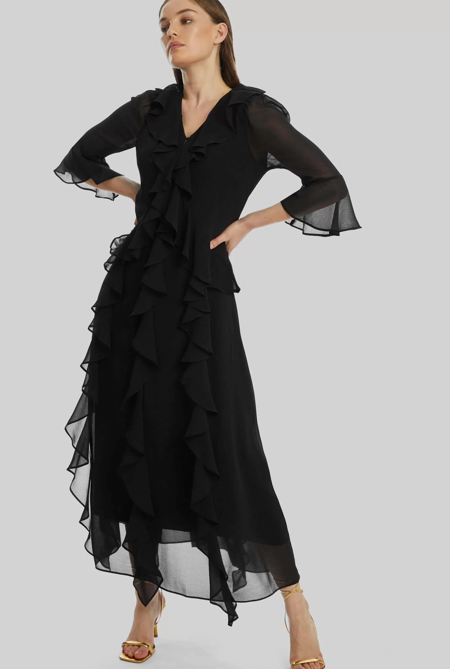 V-neck Chiffon Ruffle Dress In Black^James Lakeland Outlet