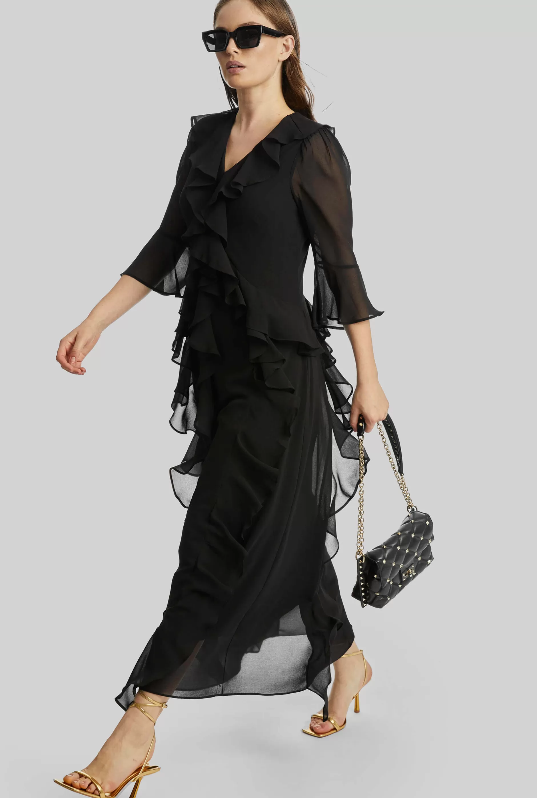 V-neck Chiffon Ruffle Dress In Black^James Lakeland Outlet