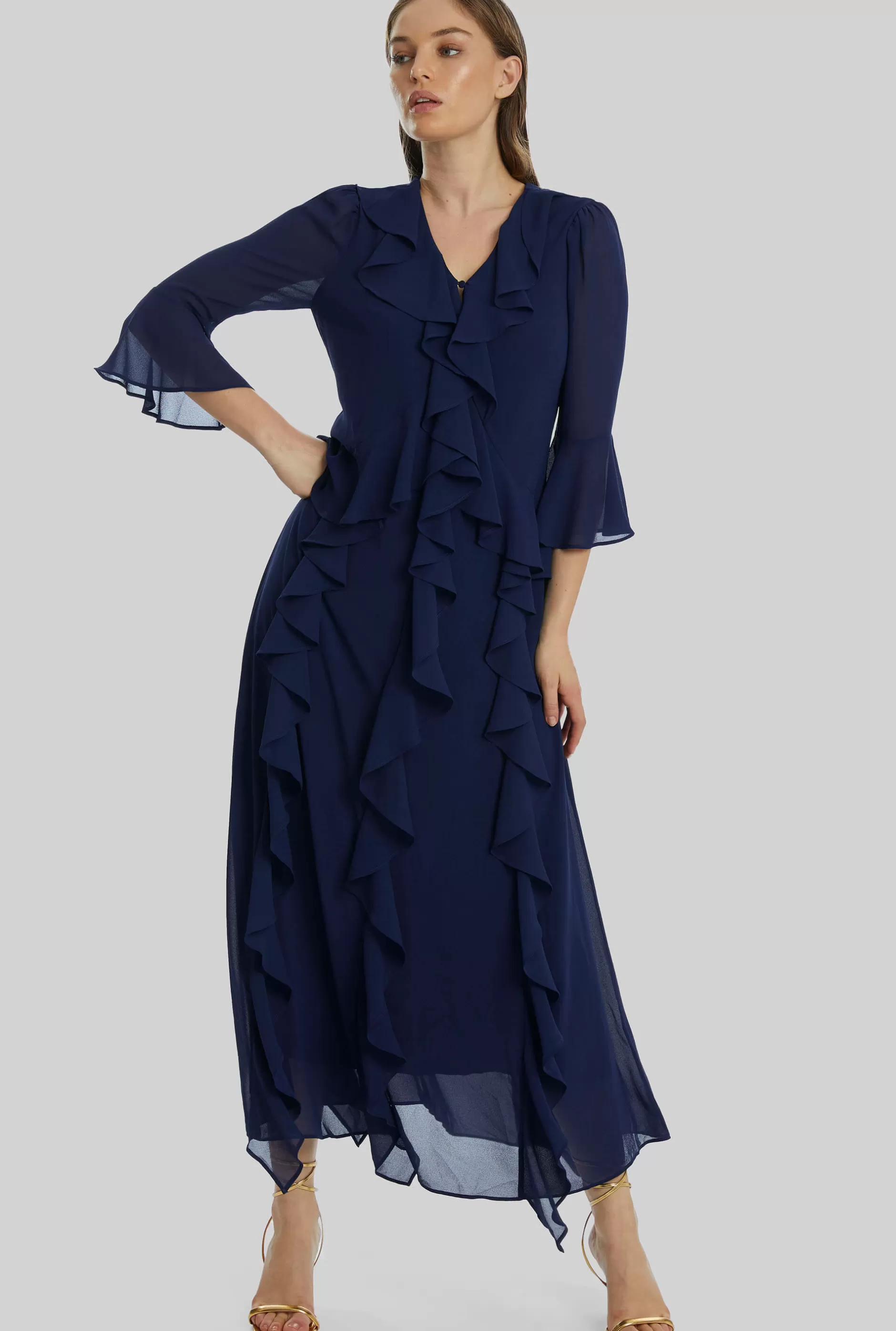V-neck Chiffon Ruffle Dress In Navy^James Lakeland Shop