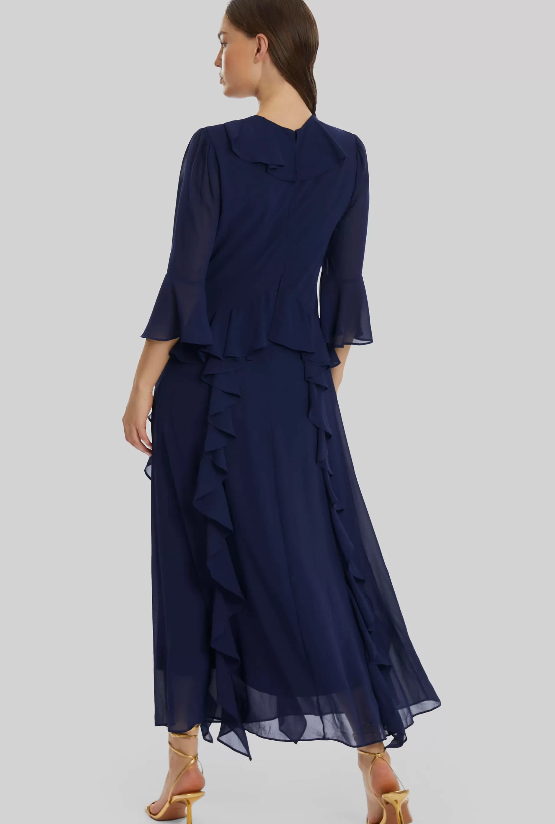 V-neck Chiffon Ruffle Dress In Navy^James Lakeland Shop