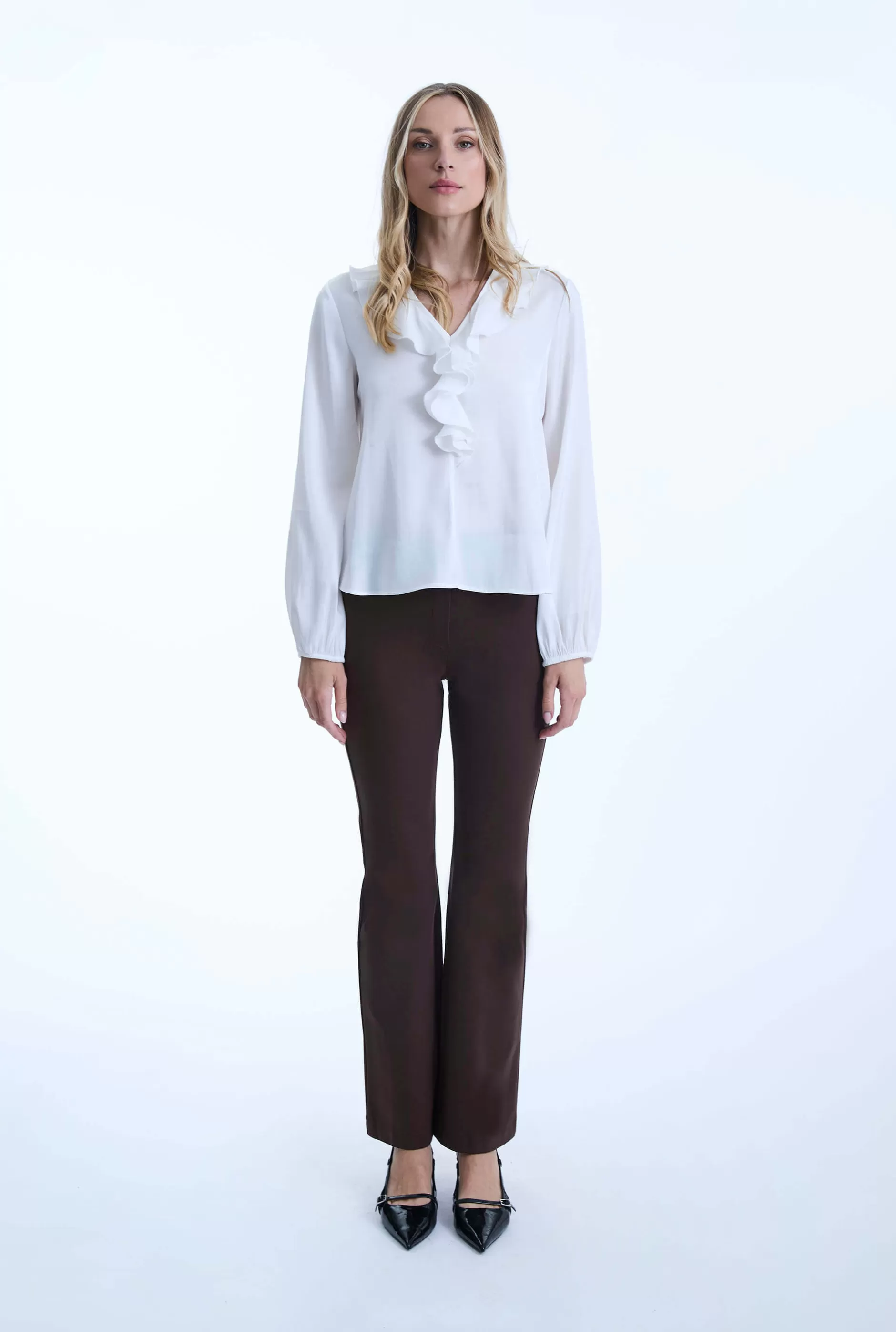 White Ruffled V-neck Blouse^James Lakeland Outlet